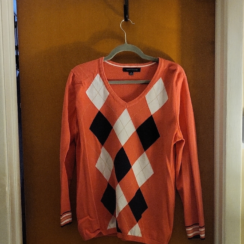 Tommy Hilfiger Coral and Black Argyle V-Neck Sweater